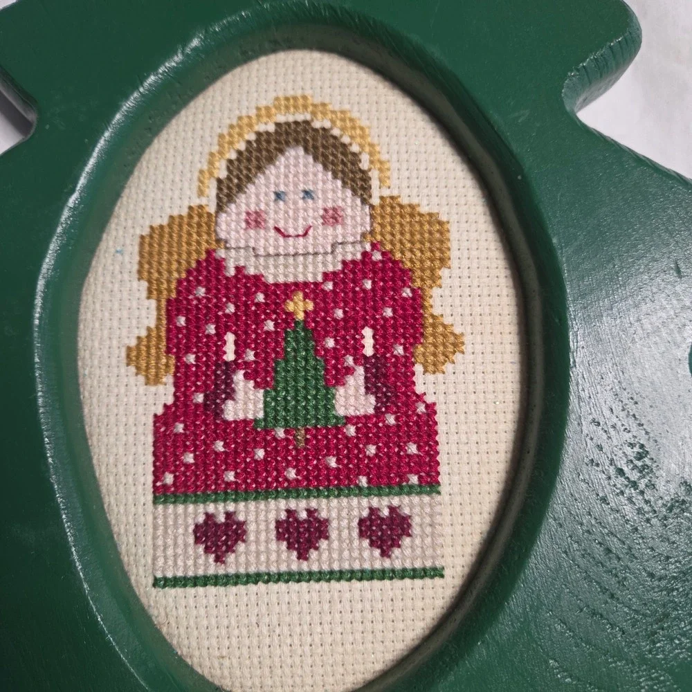 Handmade Painted Christmas Angel CrossStitch Wall Decor Wooden Tree Shaped Frame